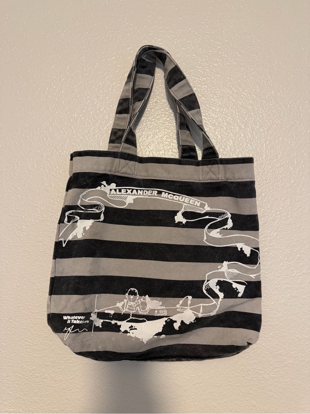 Alexander McQueen Black & Gray Striped Canvas Tote with White Graphic